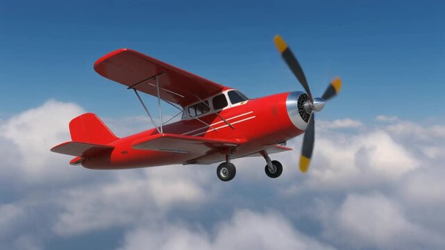 Classic red biplane soaring through a bright, cloudy sky
