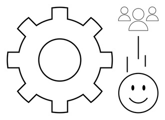 Workflow diagram. Workflow process with a gear, user group icons, and a happy face indicating effective teamwork. Workflow in business, teamwork, productivity, HR communication, and operations