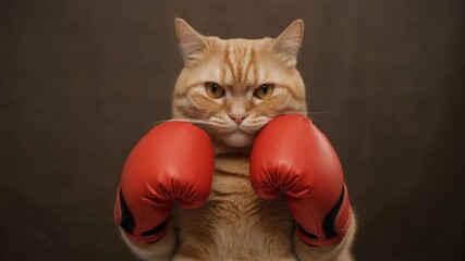 A determined ginger cat wearing red boxing gloves ready for a fight