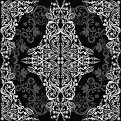 grey and white on black floral square abstract design