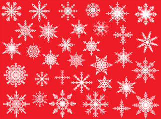white snowflakes collection isolated on red background