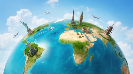 Global travel concept with famous landmarks and airplanes flying around the world