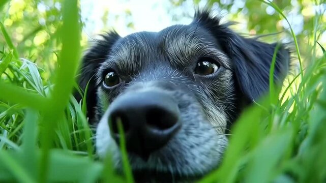 Black dog curious nose in tall grass close-up summer