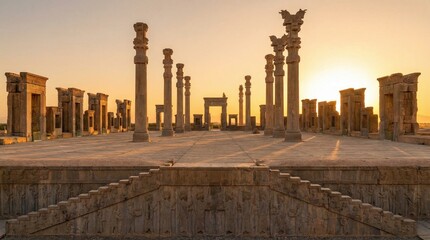 Persepolis ruins at sunset, ancient Persian architecture in Iran