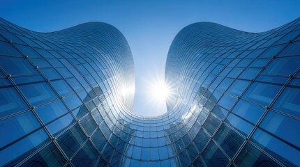 Modern architecture of two curved glass buildings against a bright blue sky