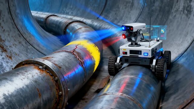Autonomous inspection robot maneuvering through a winding pipeline using sensors to detect structural weaknesses in realtime.