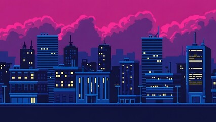 Retro Pixel Art City Skyline at Night. Vibrant Pink Sky and Illuminated Buildings in 8-bit Style.