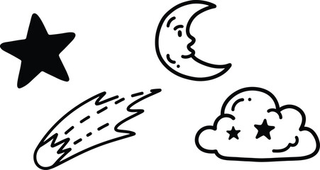 A set of four hand-drawn doodle icons on a single image a wobbly simple star a crooked crescent moon a rough comet trail and an imperfect cloud with stars
