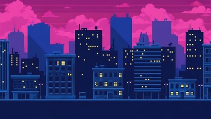 Retro Pixel Art Cityscape with Vibrant Pink Sky and Illuminated Buildings at Night