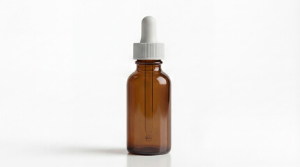 Amber glass serum bottle with dropper on clean background