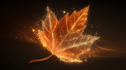 Glowing autumn leaf with magical sparks on dark background design