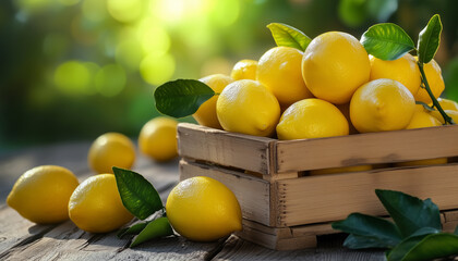 Fresh juicy lemons and crate on wooden table against blurred green background