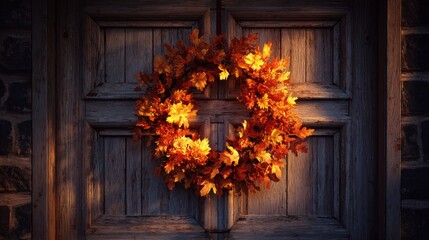 Rustic autumn leaf wreath adorning wooden door for cozy fall season