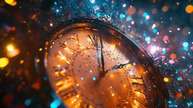 Video A close-up shot of a clock with bright lights illuminating the background quality footage