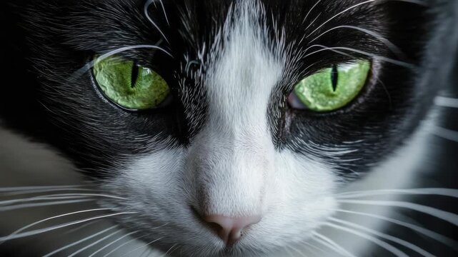 Video A close-up shot of a black cat's face with striking green eyes