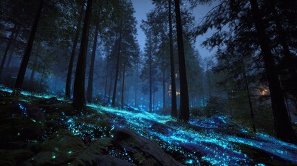 Enchanting forest illuminated by glowing bioluminescent moss at twilight