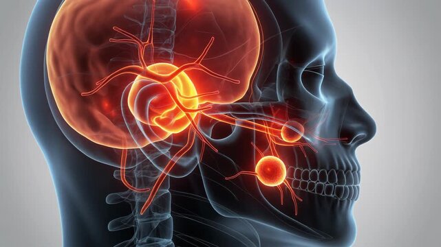 Animated 3D medical illustration of brain neural pathways and arteries