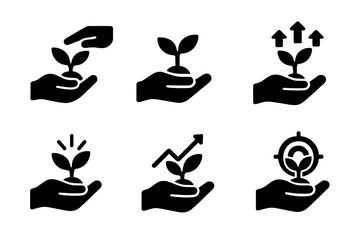 Nurturing Growth Icons. Solid style icons of nurturing central growth: gently pushing growth, nurturing development, encouraging