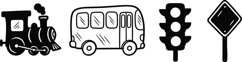 A set of four hand-drawn doodle icons on a single image a wobbly simple train a crooked bus outline a rough traffic light and an imperfect road sign