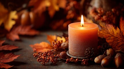 Warm glowing candle and autumn leaves create cozy Thanksgiving atmosphere