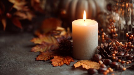 Warm candle glow with autumn leaves for elegant Thanksgiving designs