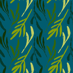 Vector seamless pattern with green plants on a blue background. Summer nature botanical background. Основные RGB