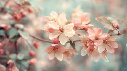 Obraz premium Delicate pink and white blossoms unfurl against a soft misty backdrop celebrating springtime beauty.