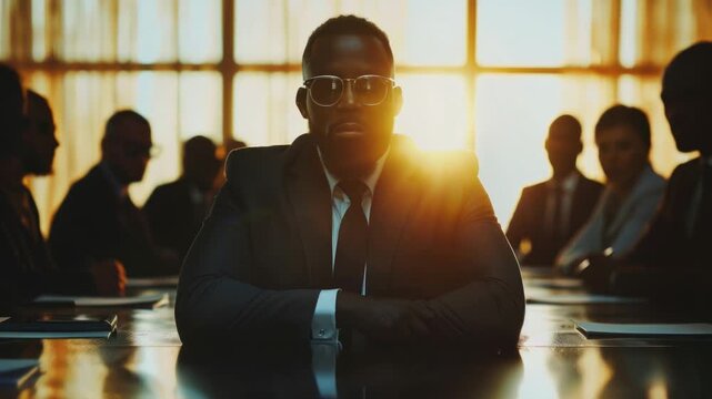 Video A businessman sits at a table with a cup of coffee, wearing a suit and sunglasses quality footage