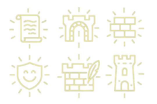 Luminous Story Icons. Line style icons of luminous story fortress: glowing script, shining arch, radiant bricks, joyful emblem,