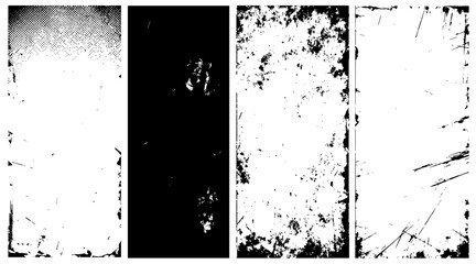 Black and white punk grunge background set with four vertical panels, high-contrast scratched and distressed textures creating a bold, edgy abstract design.