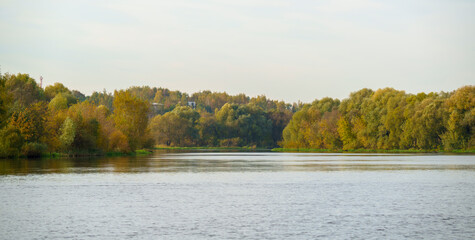Tranquil river surrounded by autumn forest under soft sky