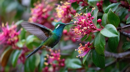 Naklejka premium Hummingbird Hovers Near Flowers in Lush Garden, Showcasing Aztec Symbol of Joy and Natures Beauty During Bright Daylight Hours