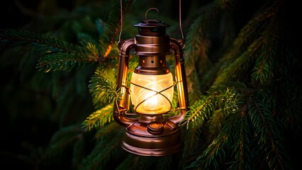 Vintage oil lantern illuminates dark forest branches with warm glow