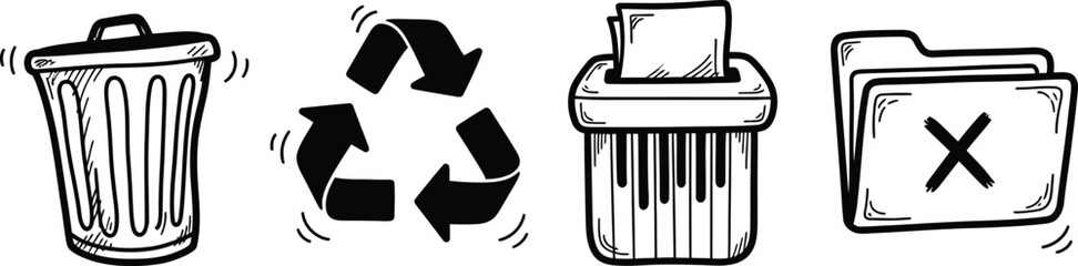 A set of four hand-drawn doodle icons on a single image a wobbly trash can a crooked recycle symbol a rough paper shredder and an imperfect folder with an X