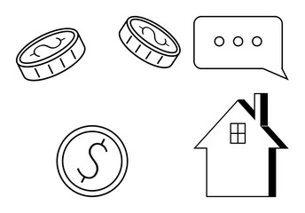 Financial planning, communication, investment, real estate, economics, home ownership. Coins, speech bubble house icon. Financial planning and communication