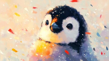 Snowy Baby Penguin in Colorful Winter Light