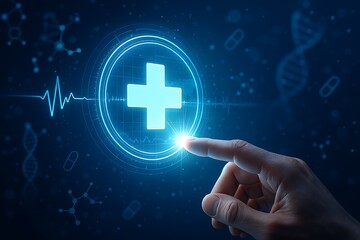 Virtual medical dashboard with neon blue hospital cross, heartbeat line and science symbols activated by fingertip touch for telemedicine and e‑health concept.