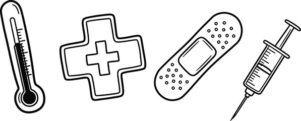 A set of four hand-drawn doodle icons on a single image a wobbly thermometer a crooked first aid cross a rough bandage and an imperfect syringe