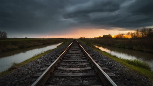 Perspective of railway tracks stretching towards a dramatic, cloudy sunset over a tranquil landscape