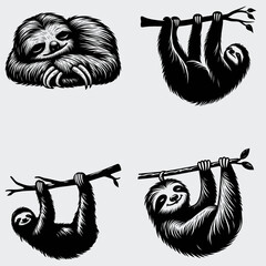 Naklejka premium Funny Sloth Vector SVG Bundle, Sloth Hanging Tree SVG, Lazy Sloth SVG, Sloth Hanging Branch SVG, Silhouette, Vector, Cricut, Cutting File, Funny Animals SVG