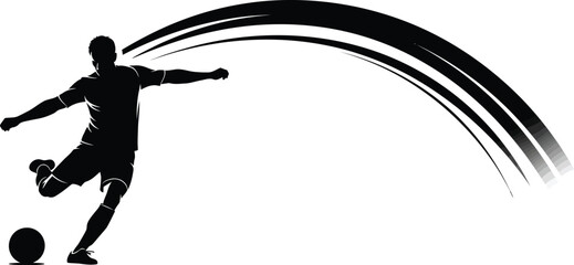 Silhouette of a soccer player kicking a ball with a dynamic arc trail