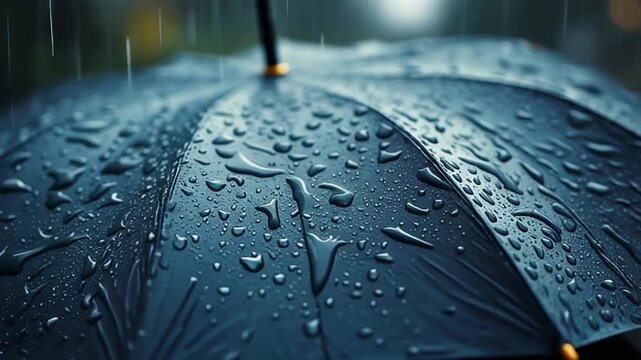 Close-up of a dark umbrella covered in glistening raindrops during a gentle downpour, illustrating steadfast protection and the tranquil beauty of a rainy day
