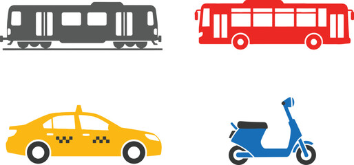 Flat Urban Transport Icons Subway Train Bus Taxi Scooter