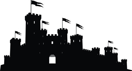 Fototapeta premium Silhouette of a medieval castle with multiple towers and flags