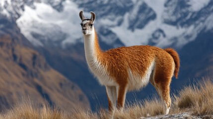 Obraz premium Llama Stands in Sacred Andes Valleys Representing Humility in Inca Culture During a Clear Day With Snow-Capped Mountains in the Background