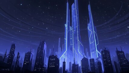 Futuristic City Skyline at Night with Blue Glowing Skyscrapers. High-Tech Urban Landscape with Digital Lights and Modern Architecture.