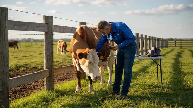 Medium shot showing a veterinarian conducting a thorough health check on cattle using a stethoscope and diagnostic tools by the fence line.