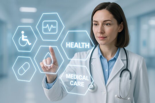 Female doctor interacting with futuristic digital health interface showing medical care icons in modern hospital corridor. - Powered by Adobe