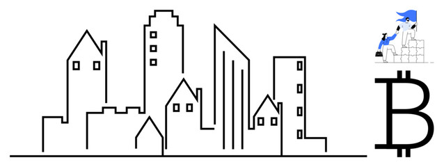 Blockchain technology, investment, digital finance, real estate, urban planning, cryptocurrency economy. Minimalistic city skyline, Bitcoin symbol and business character. Blockchain and investment