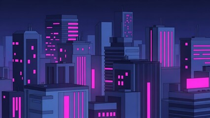 Retro-Futuristic Neon Cityscape at Night. Vibrant Pink and Blue Digital Urban Landscape Background.